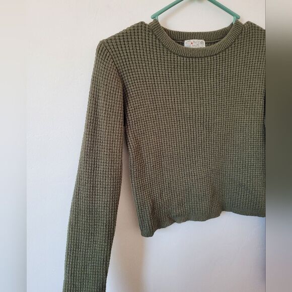 Poof Waffle Knit Pullover Shirt Thick Knit Olive Army Green Cropped Soft Girl M - Picture 6 of 9